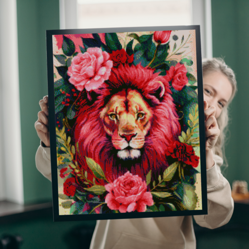 Rosa Löwe in Rosen - Eckige AB Steine - 40x60cm - 50 Farben – Bild 5