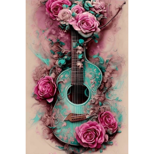 Blaue Gitarre in Rosen - Eckige AB Steine - 40x60cm - 50 Farben