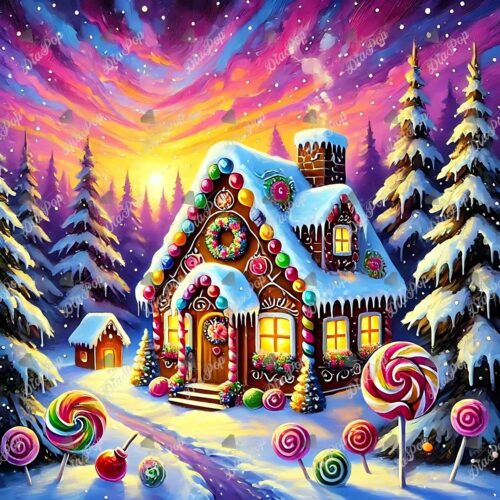 DIAPOP - Lebkuchenhaus im Winterwunderland - 50x50cm - Eckige Harzsteine