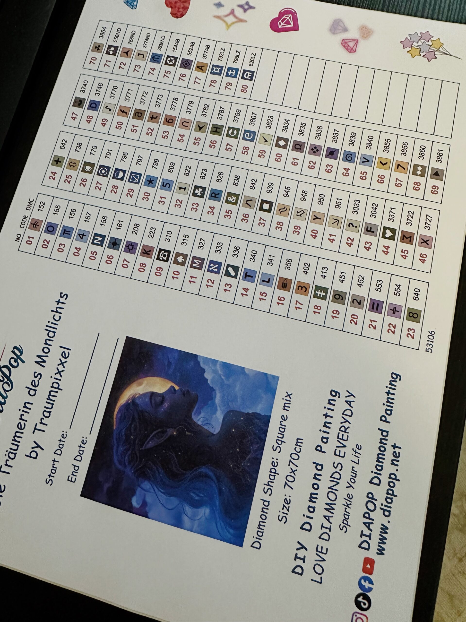 Traumpixxel - Die Träumerin des Mondlichts - 70x70cm - 80 Farben - Eckige Harzsteine + Mix aus Sondersteinen – Bild 9