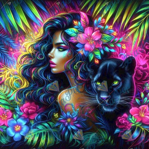 Bellarellas_Ai_Art - Neon Dschungel-Göttin mit Panther