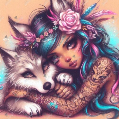 Tinkerangie - Mädchen und Wolf Federgeschmückte Verbundenheit
