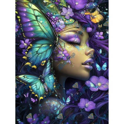 _sweet_loco_ai - Fantasy Frau mit Schmetterlingen in Violett & Türkis