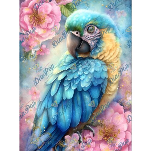Elly A.I - Blau-gelber Ara im Kirschblüten-Traum - 40x53cm - Full Fairy Dust