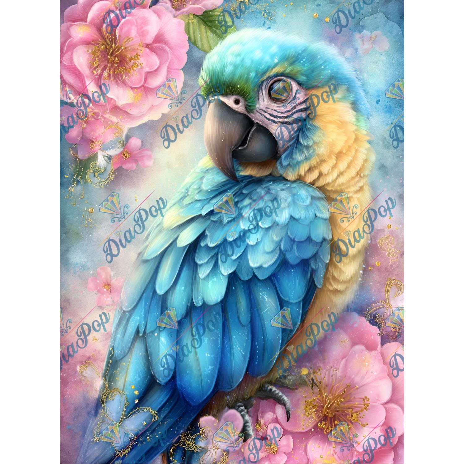 Elly A.I - Blau-gelber Ara im Kirschblüten-Traum - 40x53cm - Full Fairy Dust
