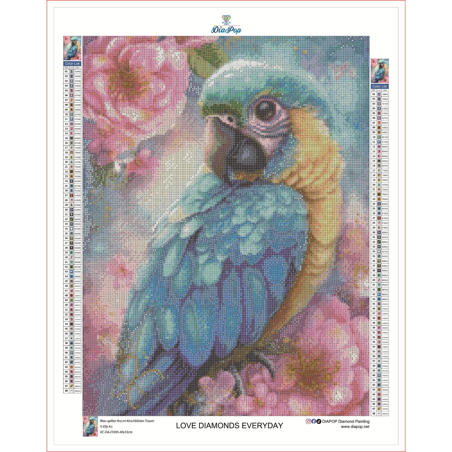 Elly A.I - Blau-gelber Ara im Kirschblüten-Traum - 40x53cm - Full Fairy Dust – Bild 3