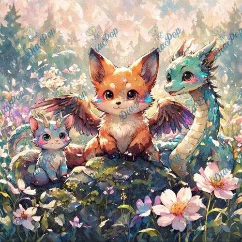 Tiki Diamonds - Flügelfuchs mit Einhornkätzchen und Blumendrachen