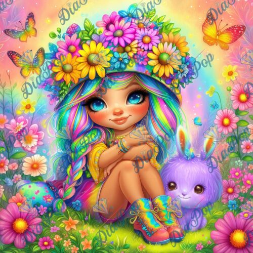 DIAPOP - Frühlingsblumenmädchen mit Zwergchen - 60x60cm - Eckige Harzsteine