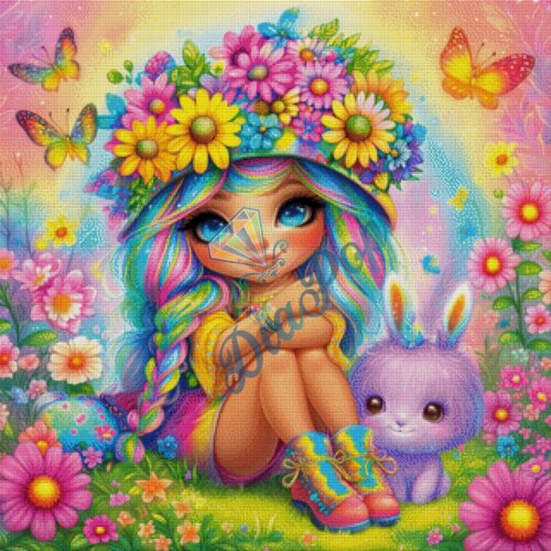 Diamant Painting XXL Frühlingsblumenmädchen mit Zwergchen – detailreiches Fantasy Bild mit vielen Farben