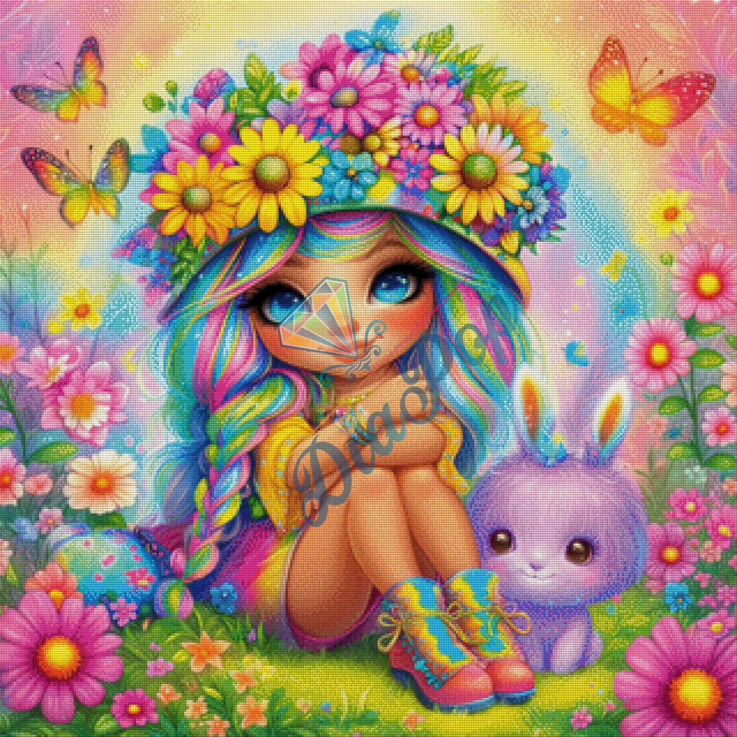Diamant Painting XXL Frühlingsblumenmädchen mit Zwergchen – detailreiches Fantasy Bild mit vielen Farben