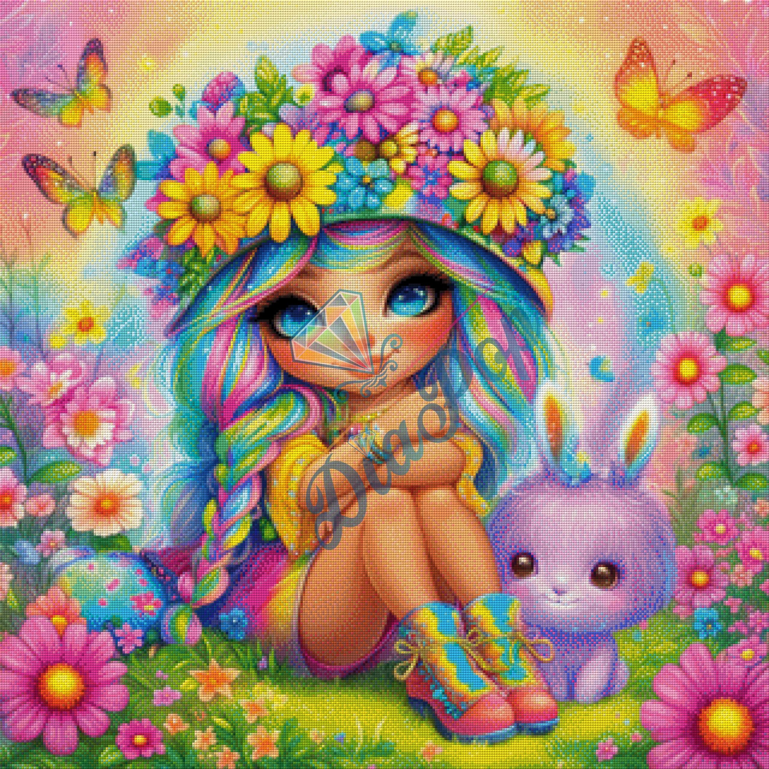 Diamant Painting XXL Frühlingsblumenmädchen mit Zwergchen – detailreiches Fantasy Bild mit vielen Farben
