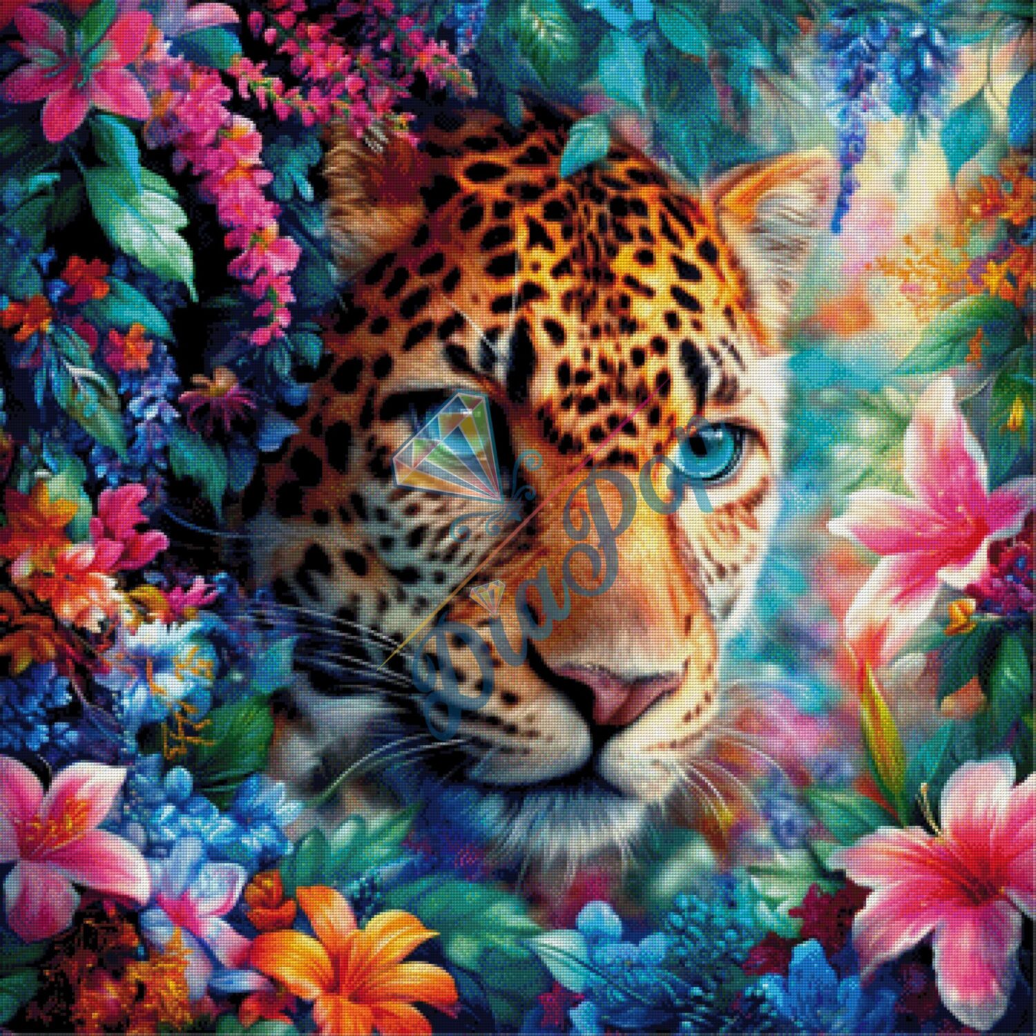 Großes Diamond Painting Leopard im Paradiesgarten mit vielen Farben