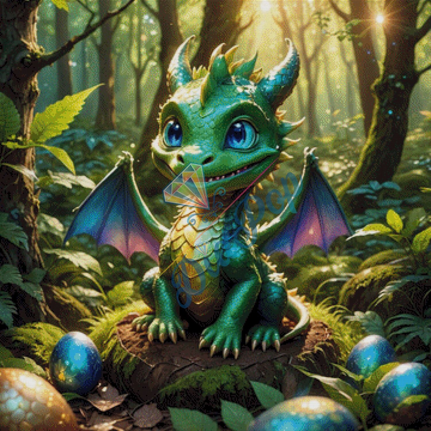 Großes Diamond Painting Baby Drache im Zauberwald mit vielen Farben