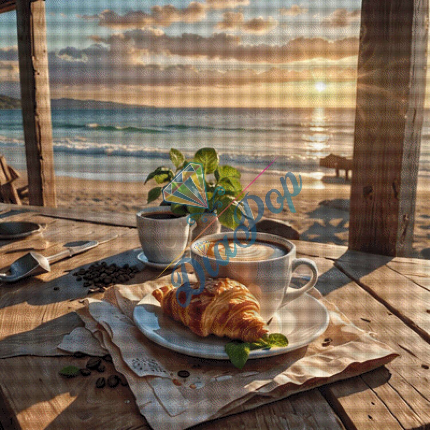 Großes Diamond Painting Kaffee am Strand bei Sonnenaufgang mit vielen Farben