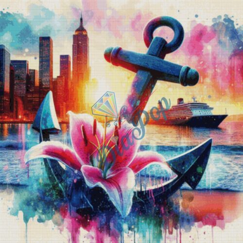 Diamant Painting XXL Misses-x - Mystische Hafenstadt mit Anker & Lilie – detailreiches Fantasy Bild mit vielen Farben