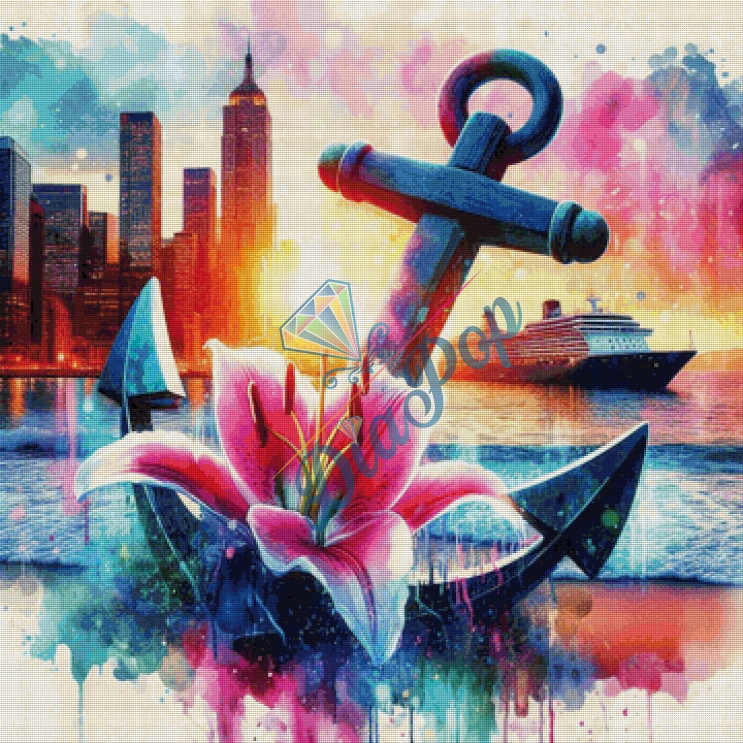 Diamant Painting XXL Misses-x - Mystische Hafenstadt mit Anker & Lilie – detailreiches Fantasy Bild mit vielen Farben