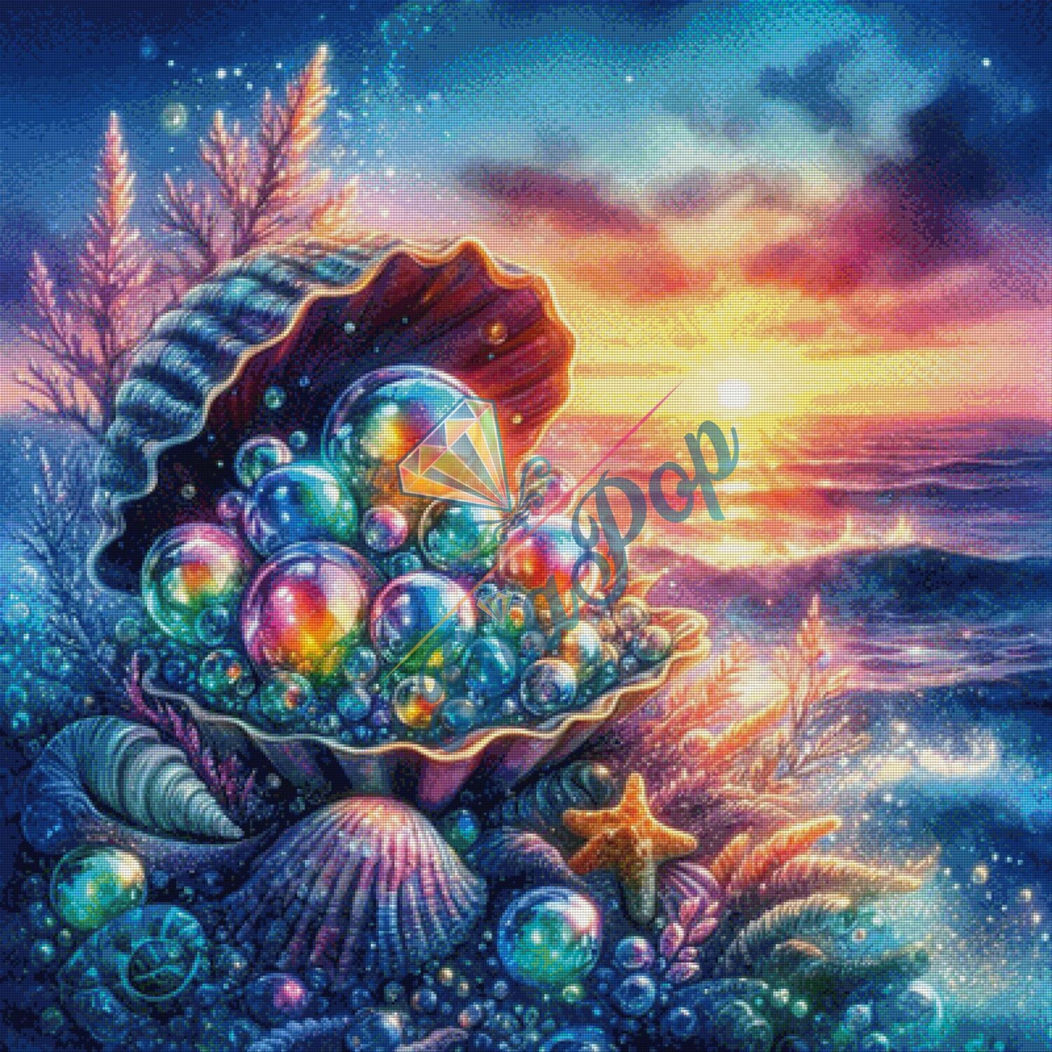 Großes Diamond Painting Perlenmuschel im Sonnenuntergang mit vielen Farben