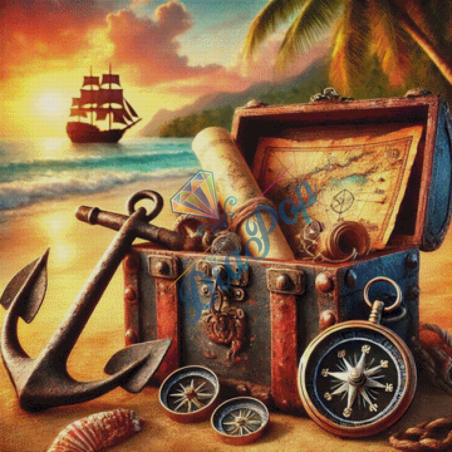Großes Diamond Painting Piratenschatz am Strand mit vielen Farben