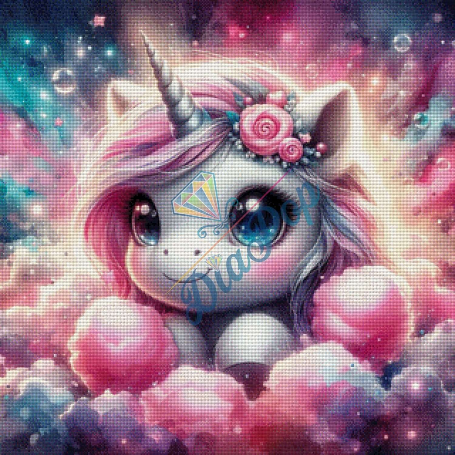 Großes Diamond Painting Süßes Einhorn im Wolkenhimmel mit vielen Farben