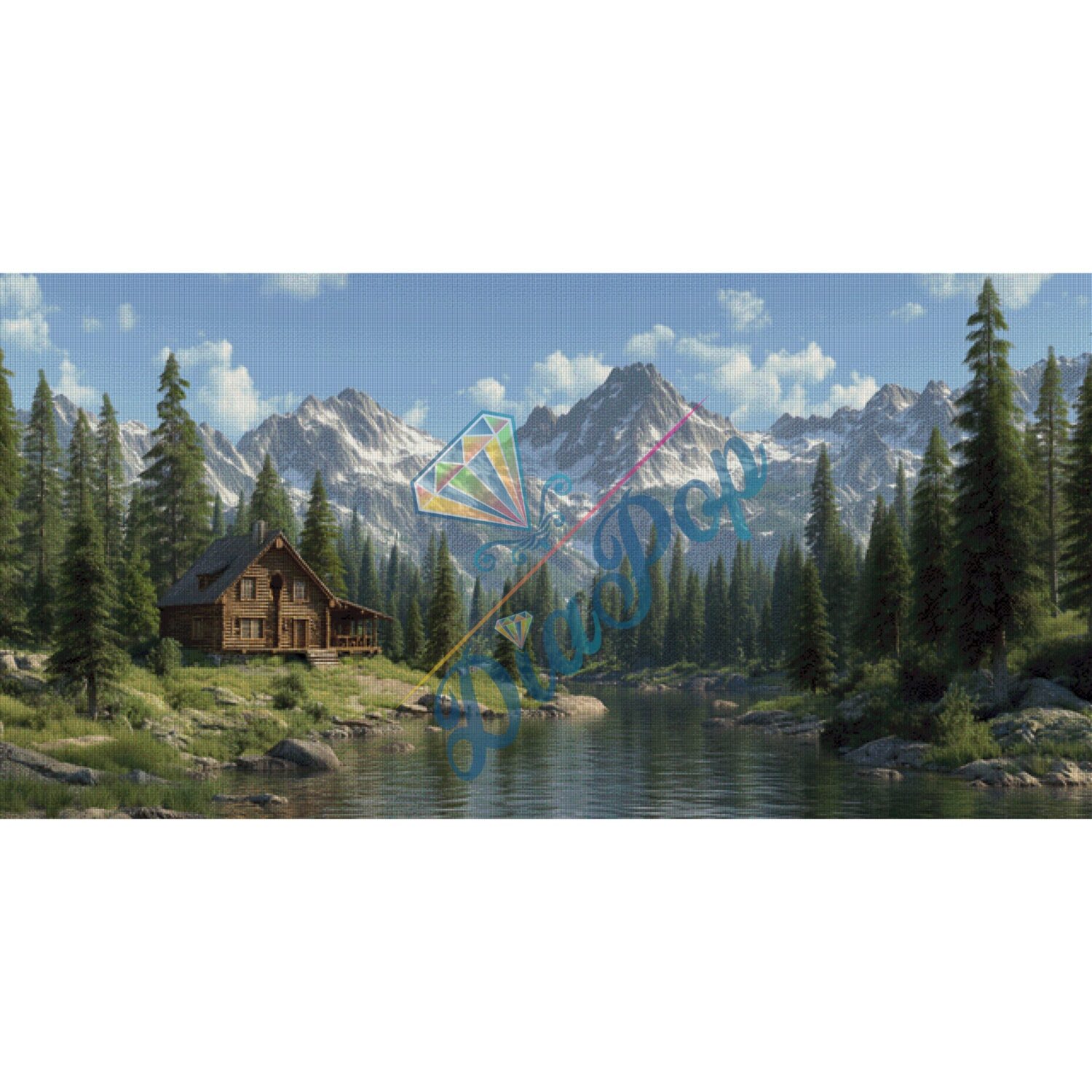 Holzhütte am See mit Bergen und Wald im Hintergrund im Landschafts-Diamond-Painting-Stil