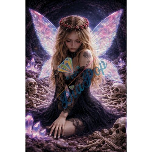 Dunkle Fee mit leuchtenden Flügeln, Kristallen und Schädeln im Fantasy Diamond Painting Stil