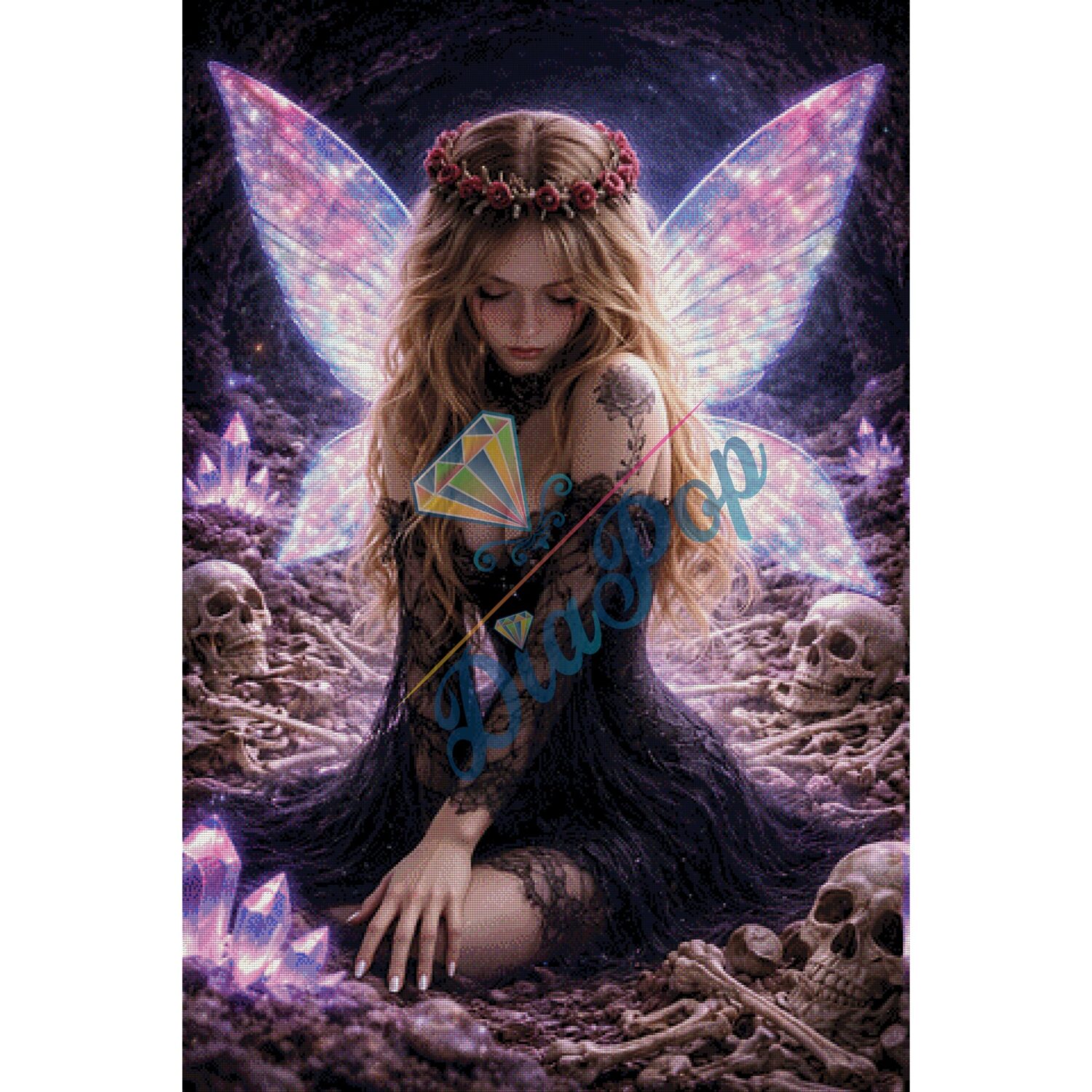 Dunkle Fee mit leuchtenden Flügeln, Kristallen und Schädeln im Fantasy Diamond Painting Stil
