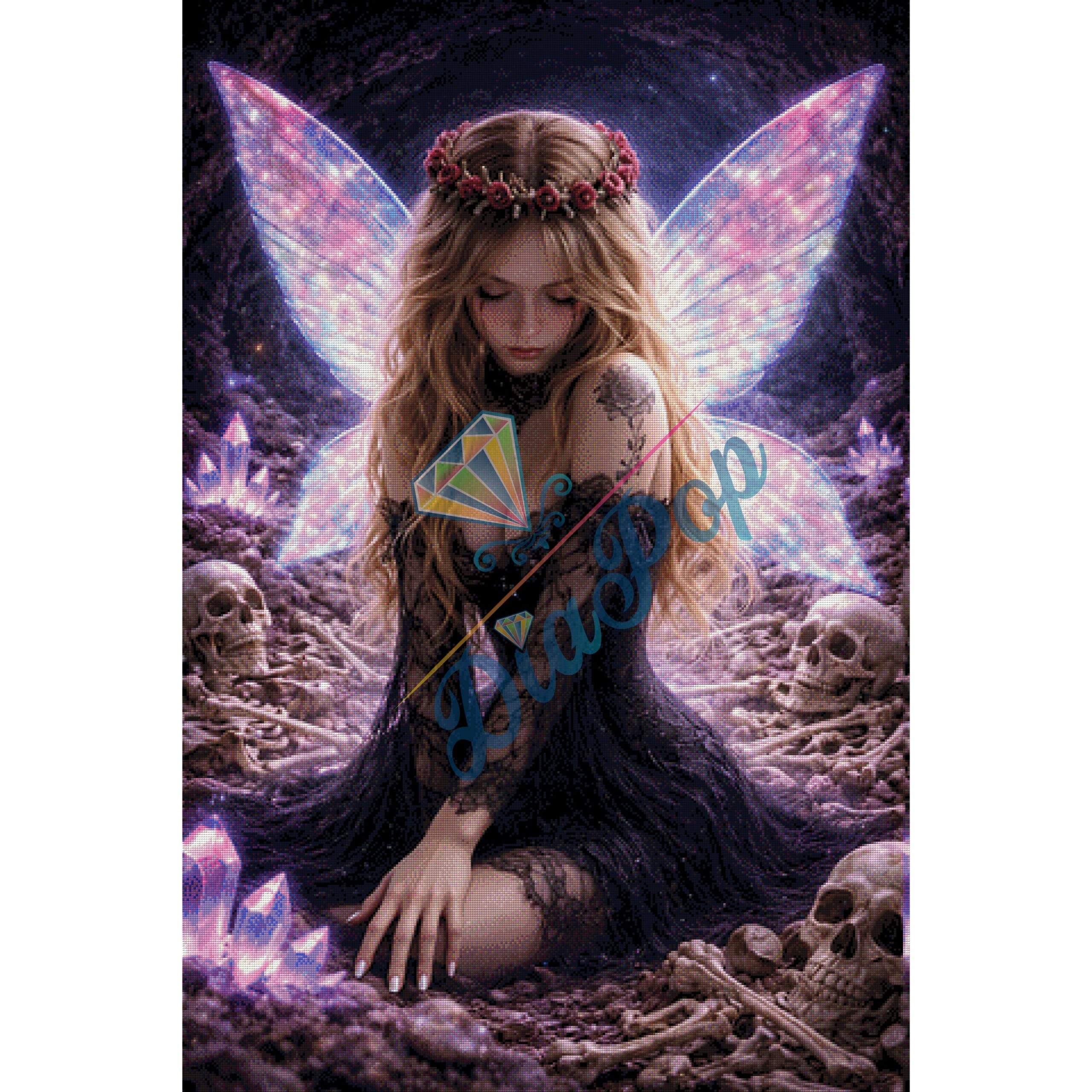Dunkle Fee mit leuchtenden Flügeln, Kristallen und Schädeln im Fantasy Diamond Painting Stil