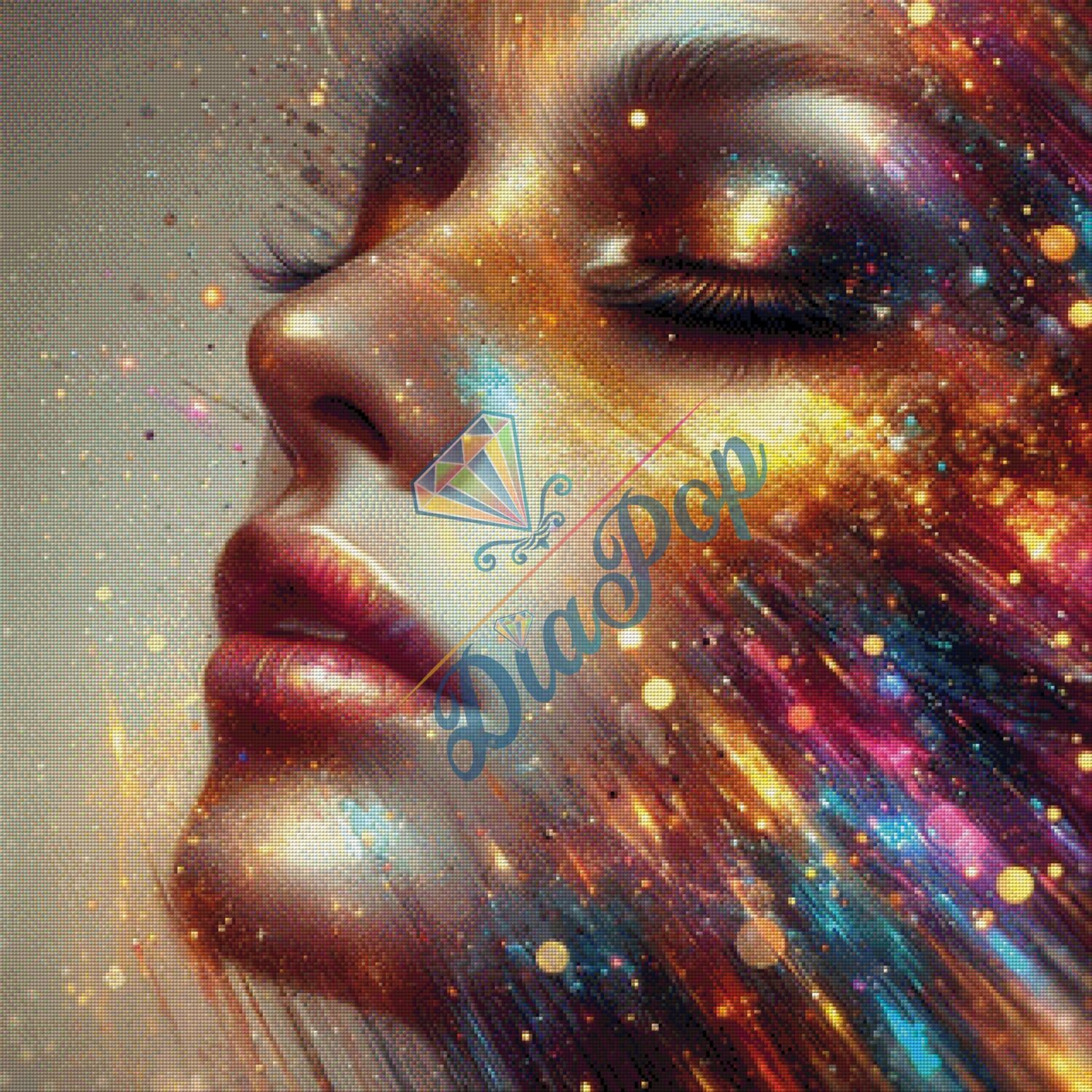 Abstraktes Frauenporträt mit leuchtenden Farben und goldenen Partikeln im Diamond Painting Stil