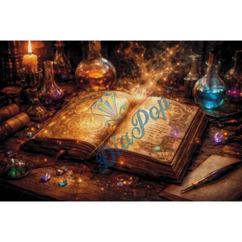 Magisches Zauberbuch mit leuchtenden Symbolen, Kristallen und Alchemie-Flaschen im Fantasy Stil