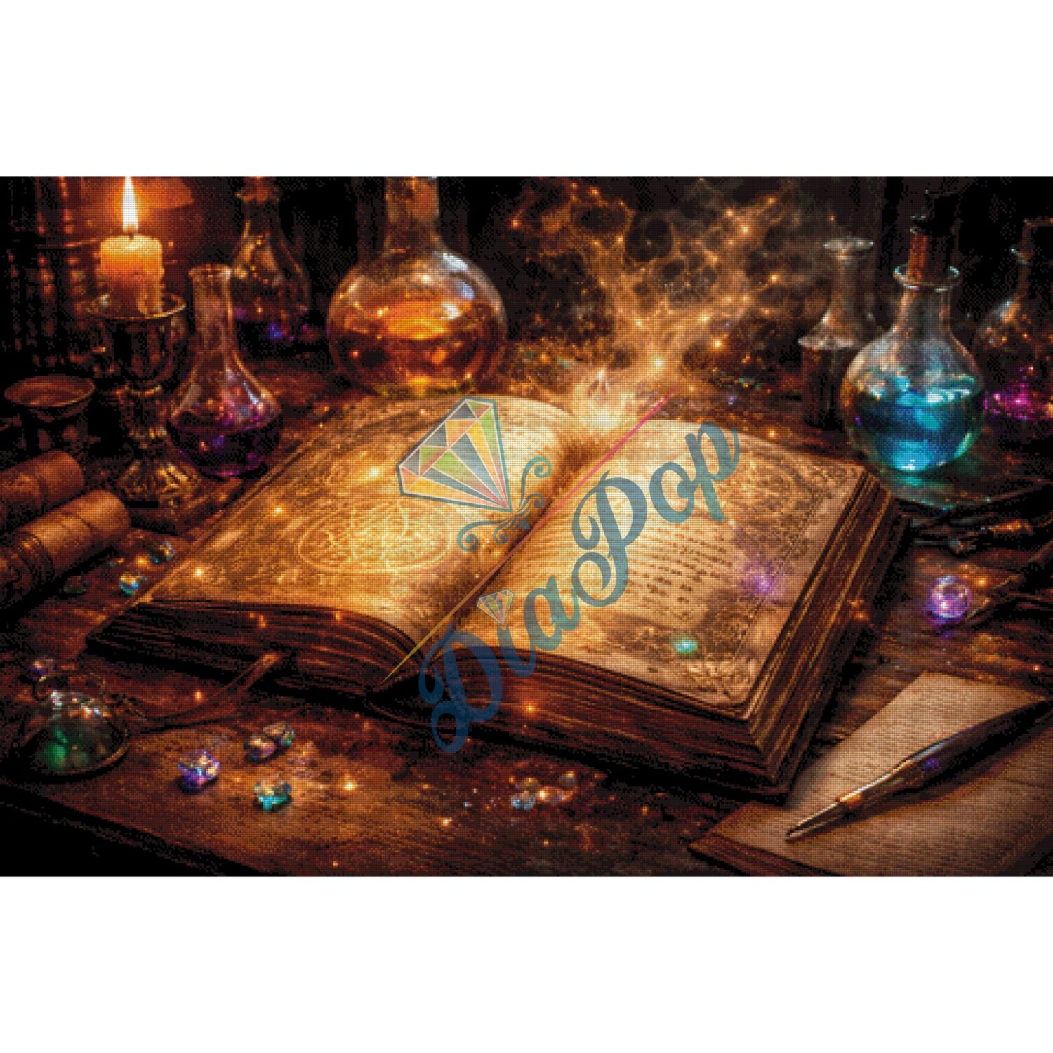 Magisches Zauberbuch mit leuchtenden Symbolen, Kristallen und Alchemie-Flaschen im Fantasy Stil