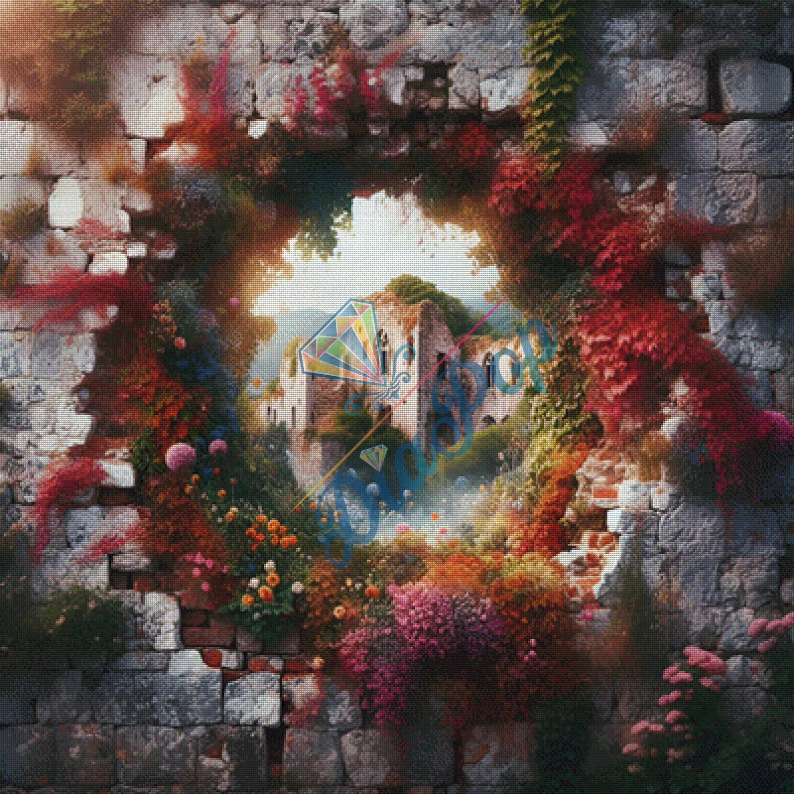 Verfallene Ruine mit Blumen und Pflanzen in einem steinernen Bogen im Fantasy Stil