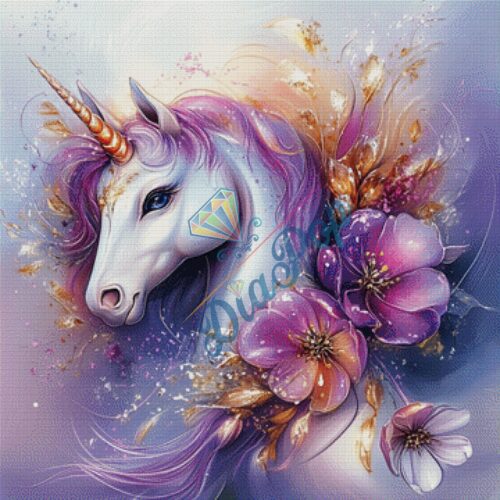 Einhorn mit lila Mähne und Blüten sowie goldenen Akzenten im Fantasy Stil