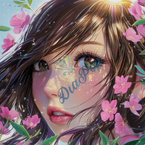 Mädchen mit großen Augen und Kirschblüten im Haar im Diamond Painting Stil