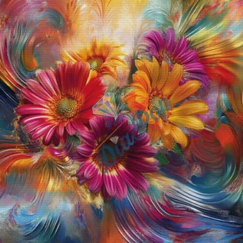 Bunte Blumen mit abstrakten Farbverläufen und intensiven Farben im Diamond Painting Stil