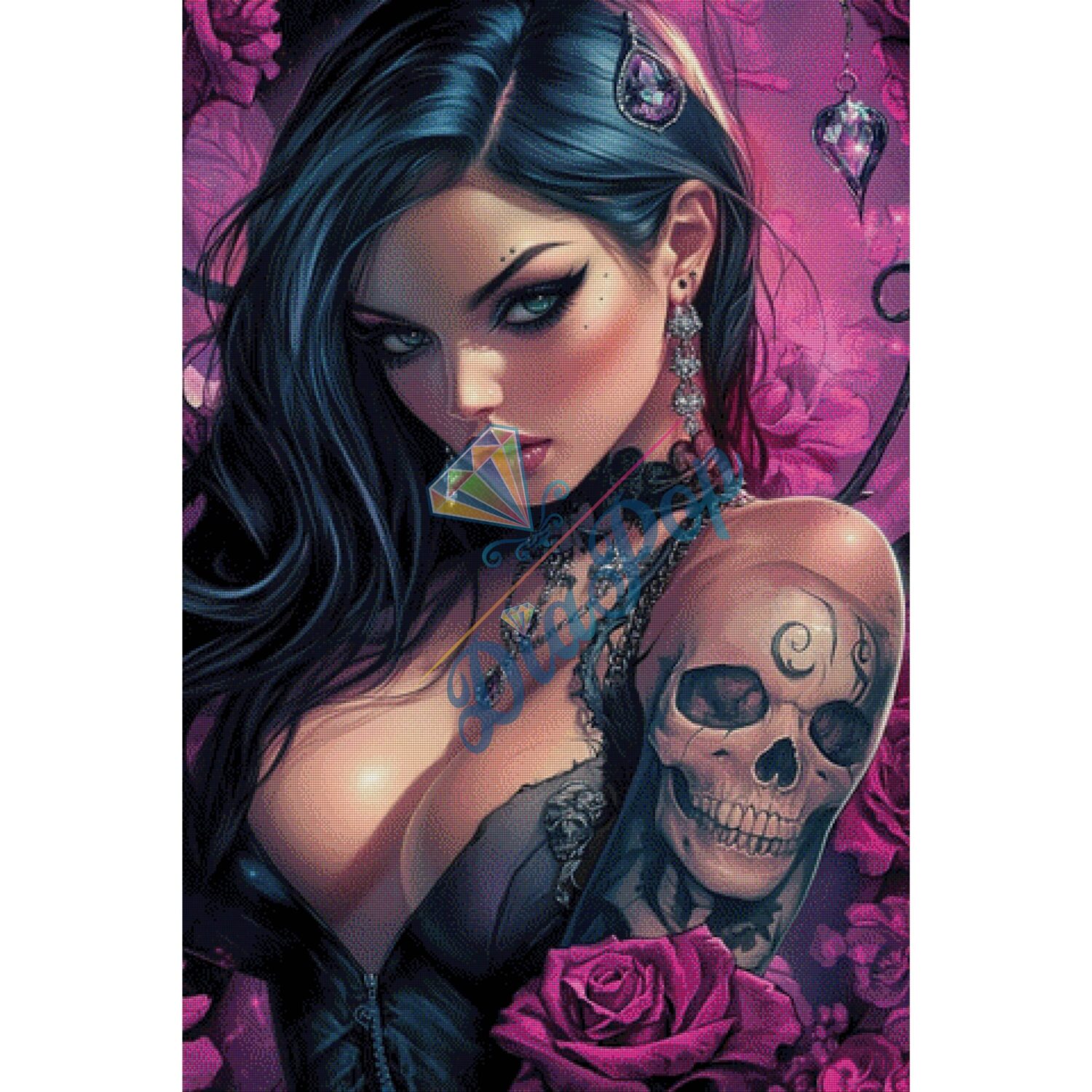 Diamond Painting XXL - Radio Painter Susi - Gothic Schönheit mit Totenkopf Tattoo - 80x120cm - 184 Farben