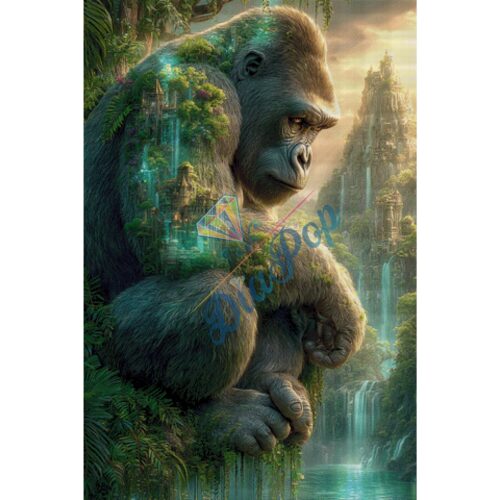 Diamond Painting Groß - Elly A.I - Wächter des Dschungels – Gorilla mit verborgener Stadt - 80x120cm - 200 Farben