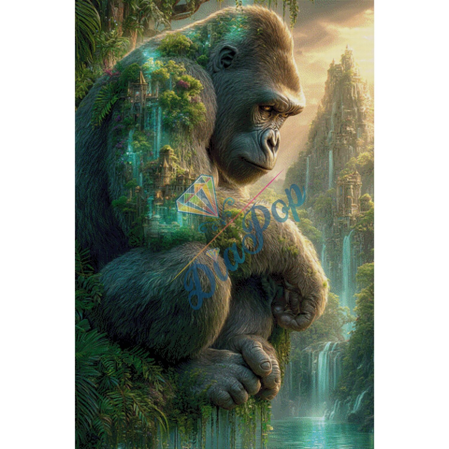 Diamond Painting Groß - Elly A.I - Wächter des Dschungels – Gorilla mit verborgener Stadt - 80x120cm - 200 Farben