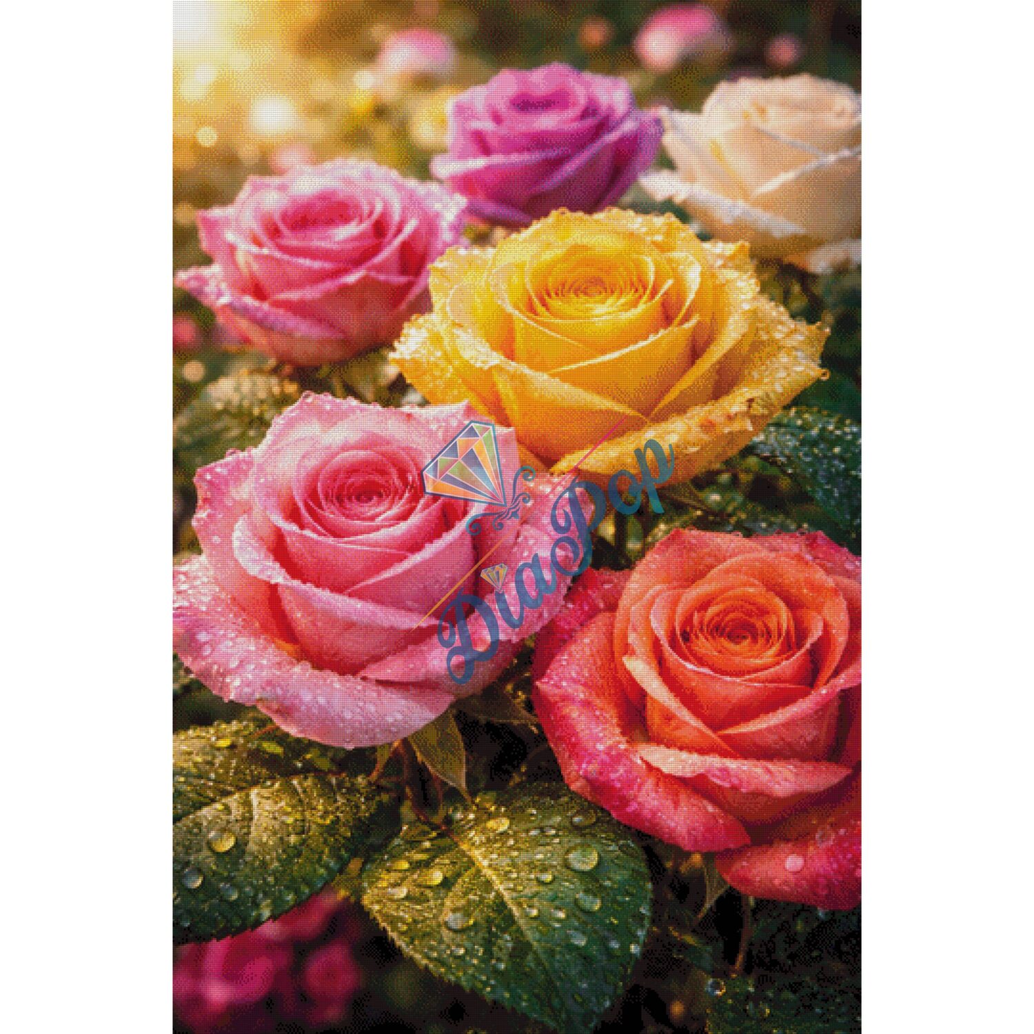 Diamond Painting Groß - Misses-x - Bunte Rosen mit Tautropfen im Sonnenlicht - 90x135cm - 325 Farben