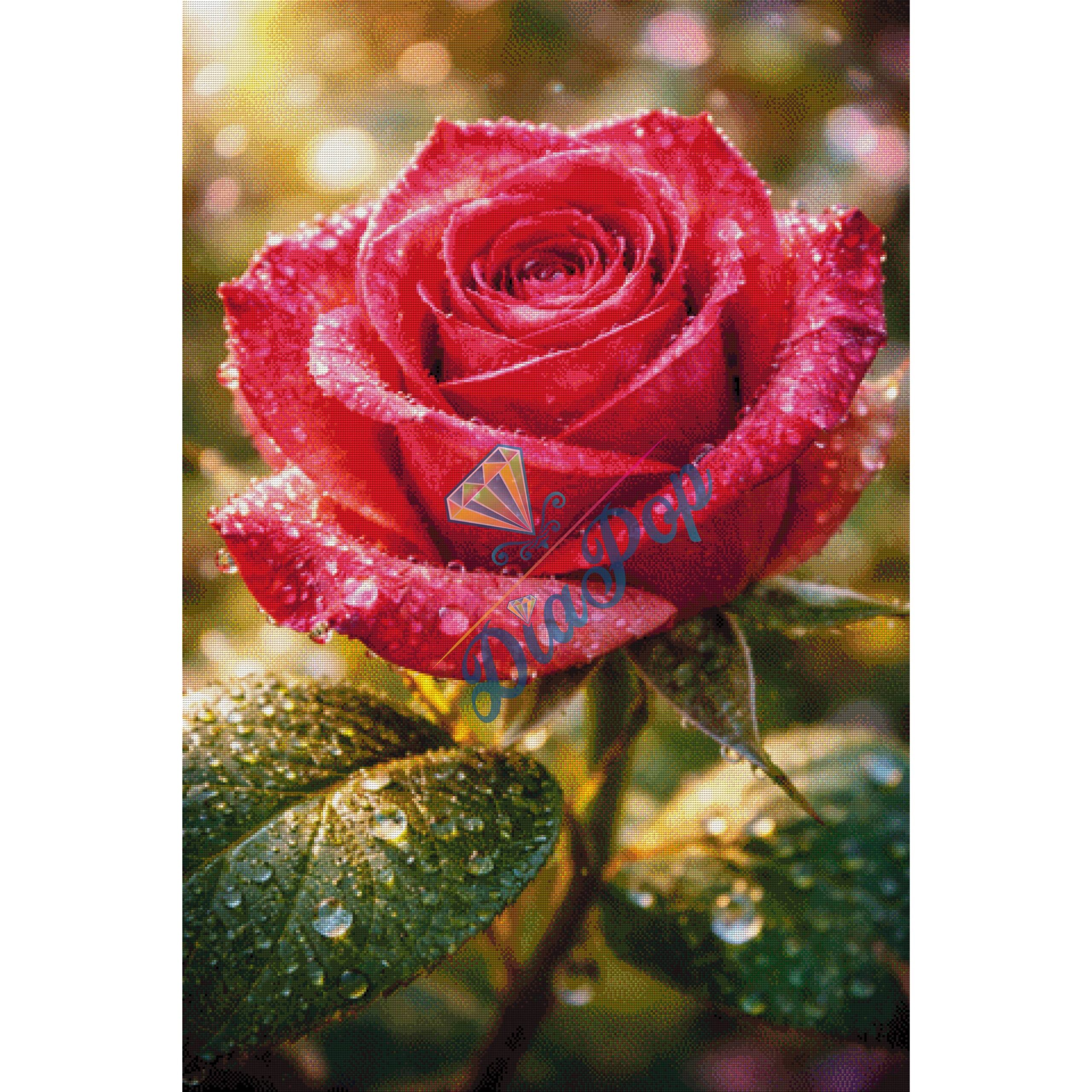 Diamond Painting Groß - Misses-x - Leuchtende rote Rose mit Tautropfen - 80x120cm - 326 Farben