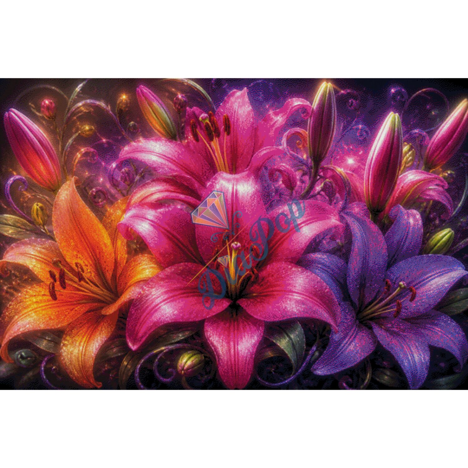 Diamond Painting Groß - Misses-x - Magische Lilien in leuchtenden Farben - 90x135cm - 304 Farben
