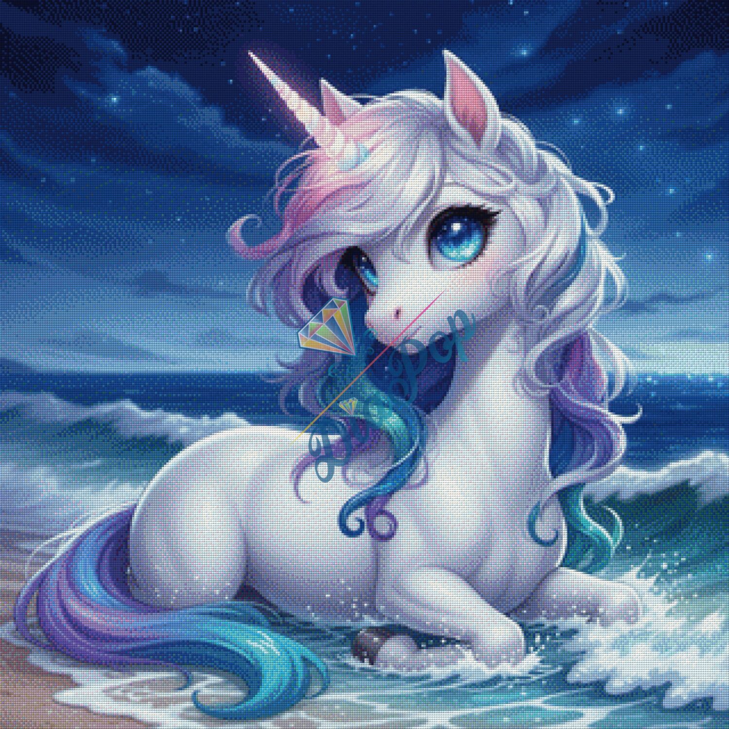 Diamond Painting Groß - Misses-x - Magisches Einhorn am Meer bei Nacht - 80x80cm - 128 Farben