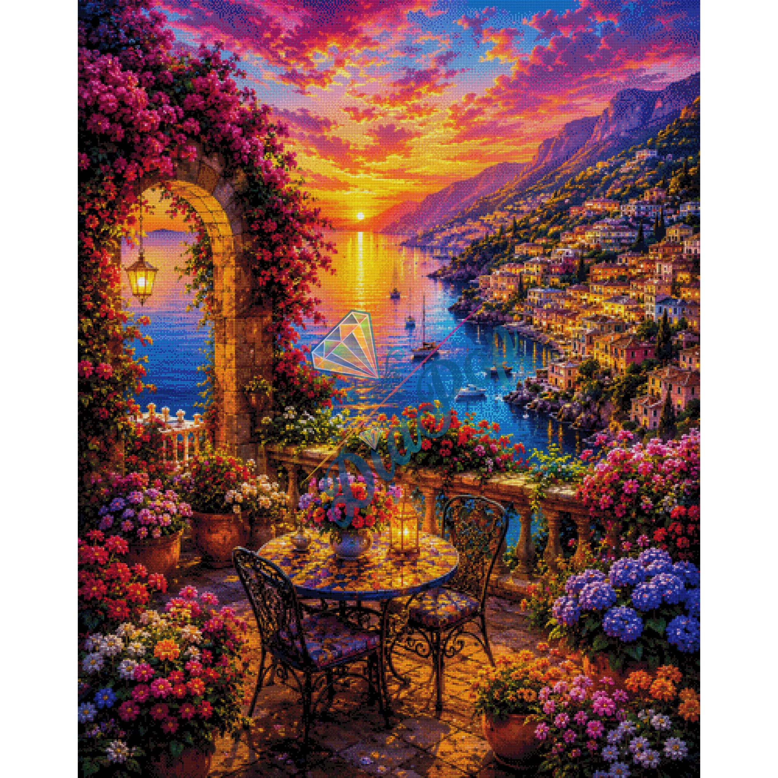 Diamond Painting - DIAPOP - Mediterraner Sonnenuntergang am Meer - 100x125cm - 378 Farben