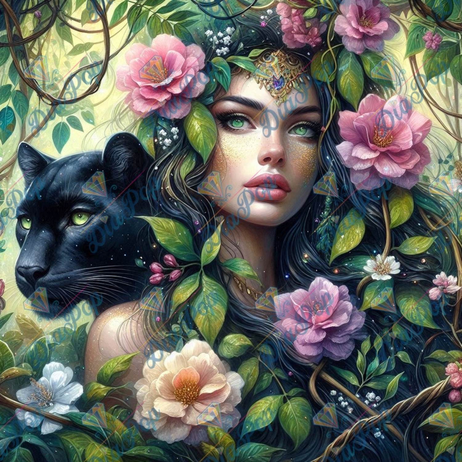 Bellarellas_Ai_Art - Die Panthergöttin des Blütengartens - 60x60cm - Eckige Harzsteine