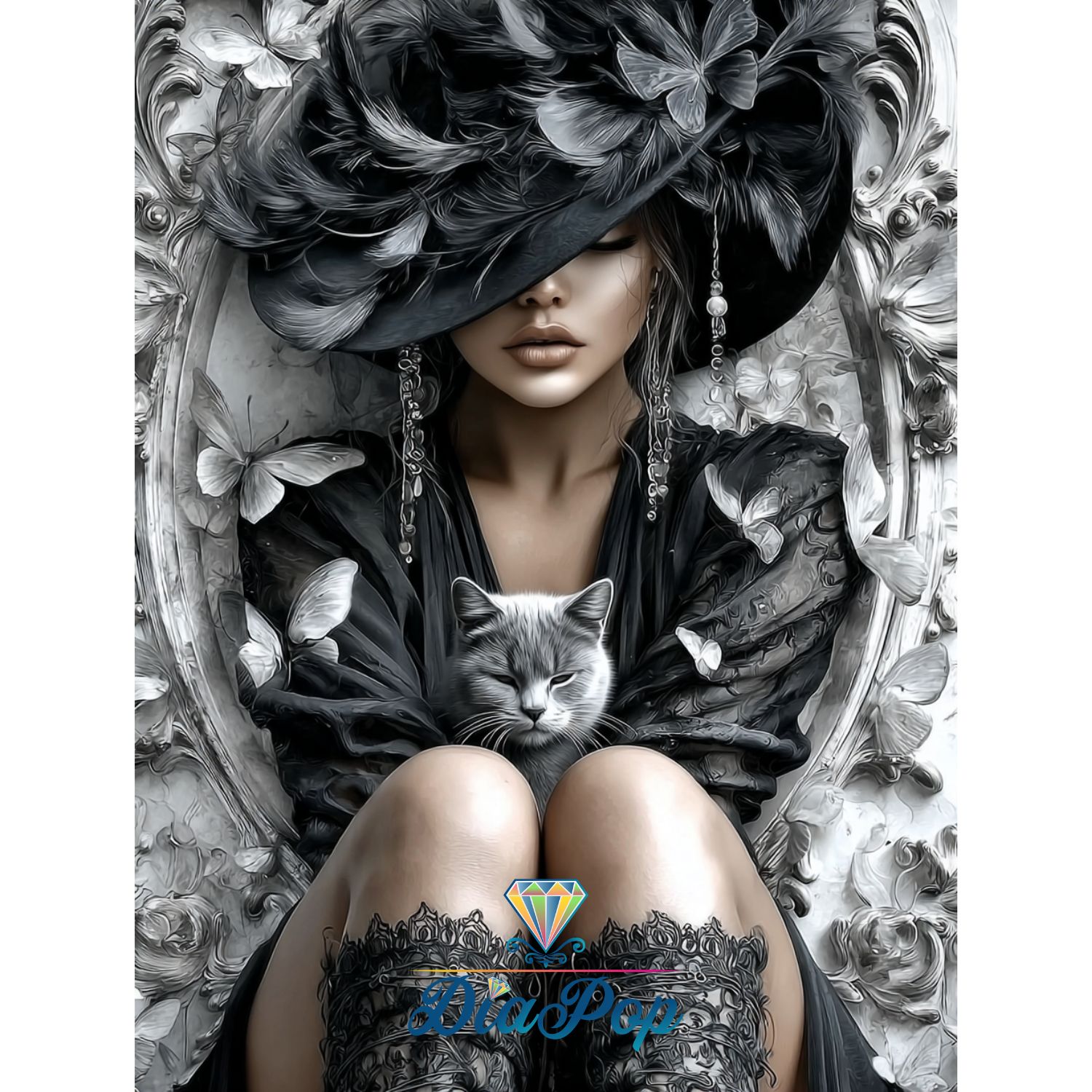 Elly_A.I - Mystische Dame mit Katze in Schwarz-Weiß