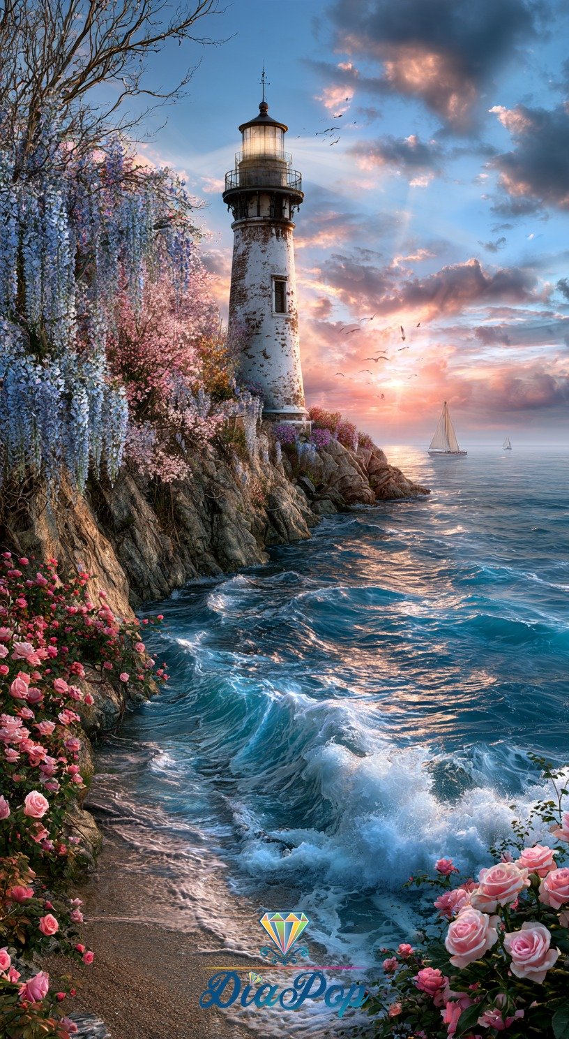 Diamond Painting - Elly_A.I - Leuchtturm im Blütenmeer [Digital]