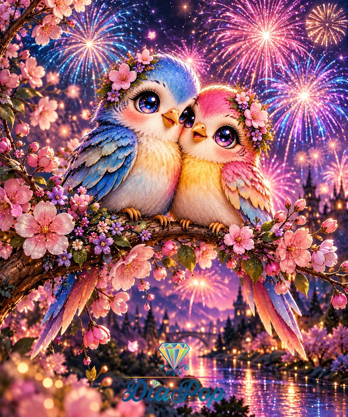 Diamond Painting - Tinkerangie - Liebesvögel im Blütenfeuerwerk [Digital]