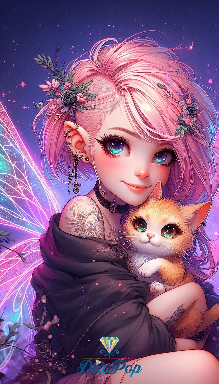 Diamond Painting - Tinkerangie - Neonfee mit Kuschelkätzchen [Digital]