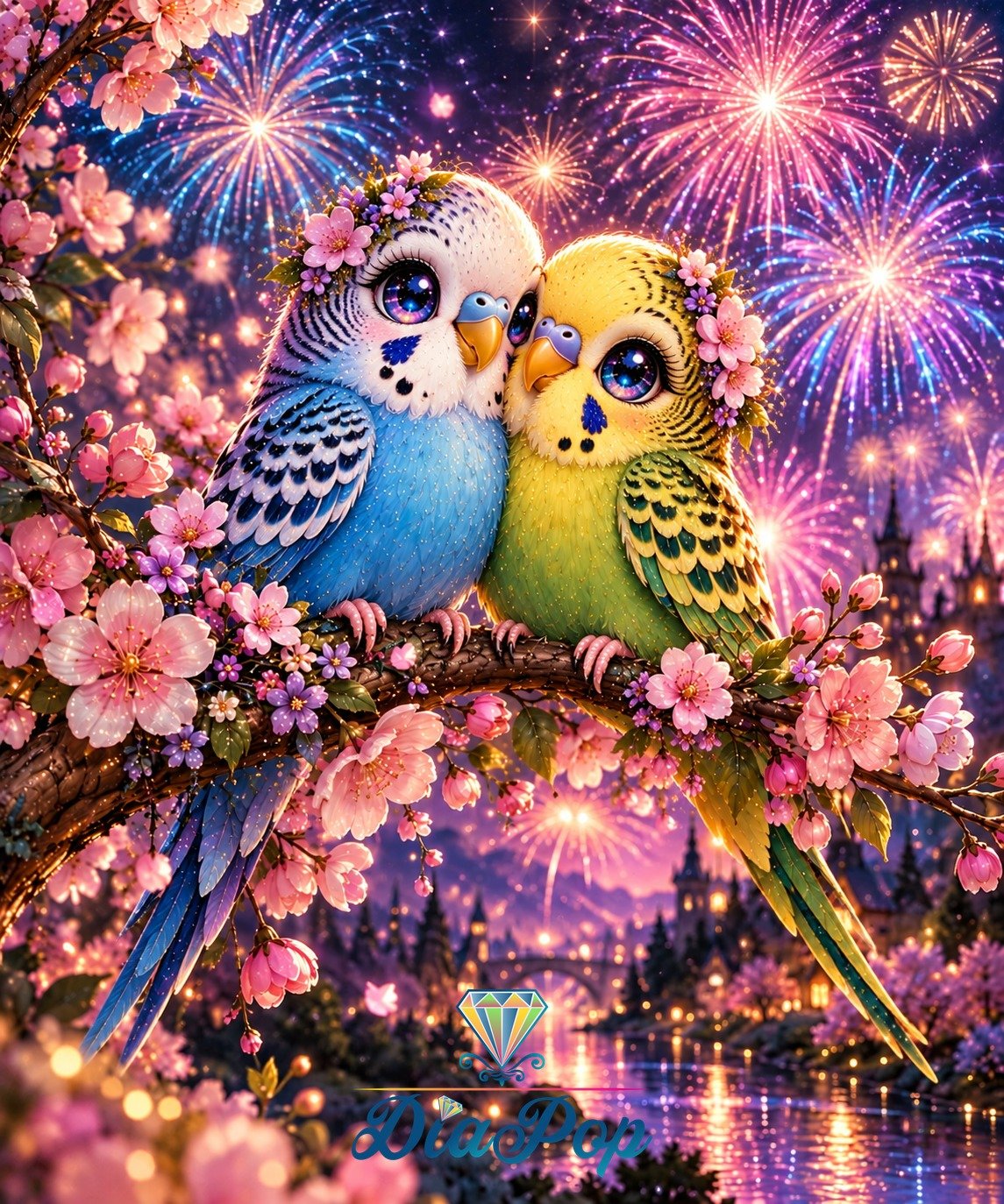 Diamond Painting - Tinkerangie - Wellensittiche im Blütenfeuerwerk [Digital]
