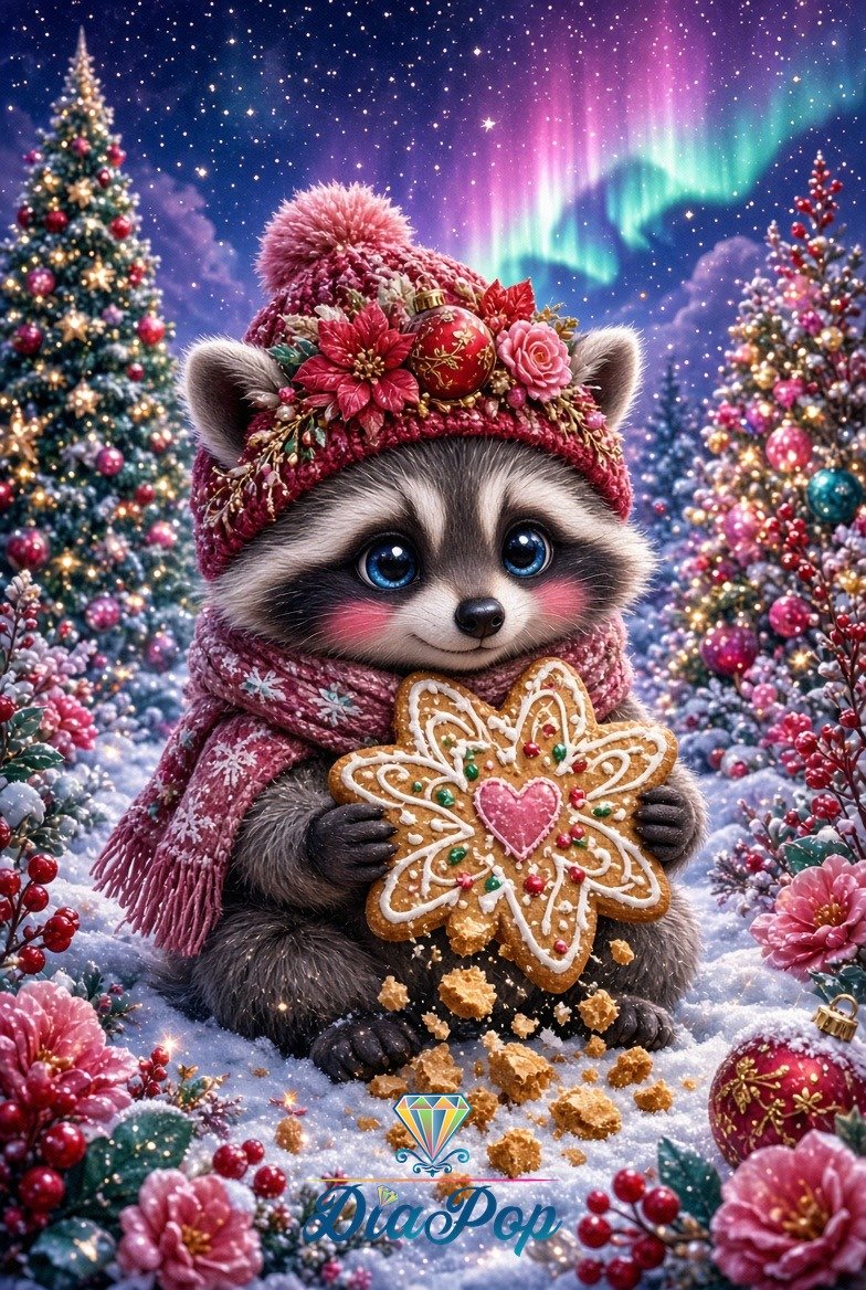 Diamond Painting - Elly_A.I - Waschbärs Nordlicht-Kekszauber [Digital]