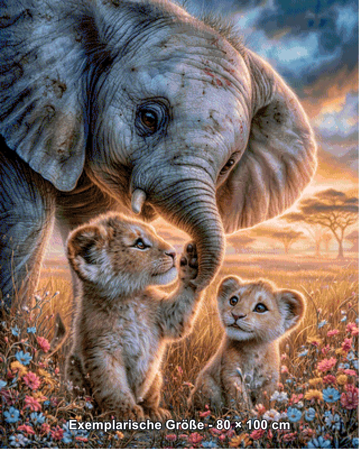 Diamond Painting - Elly_A.I - Rüsselgruß im Blütenmeer [Digital] - Rendering einer exemplarischen Größe